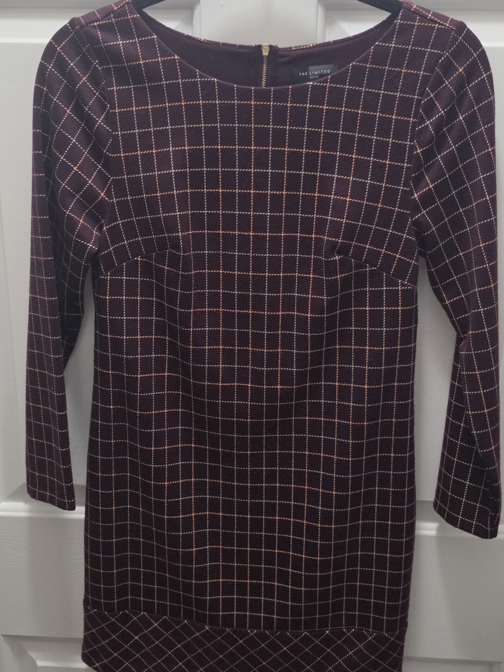 The Limited Petite XS Burgundy Windowpane Plaid Long Sleeve Sheath Mini Dress